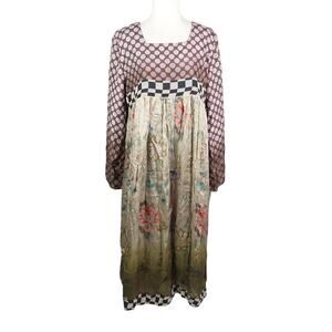 Anthropologie Vineet Bahl Brown Dot Green Floral Flowy Boho Midi Dress M